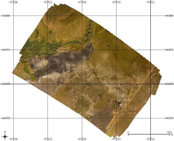 Drones como soluções para problemas no meio ambiente: Ortomosaico Georreferenciado demonstrando área de queimada/imagem: Ortopixel 